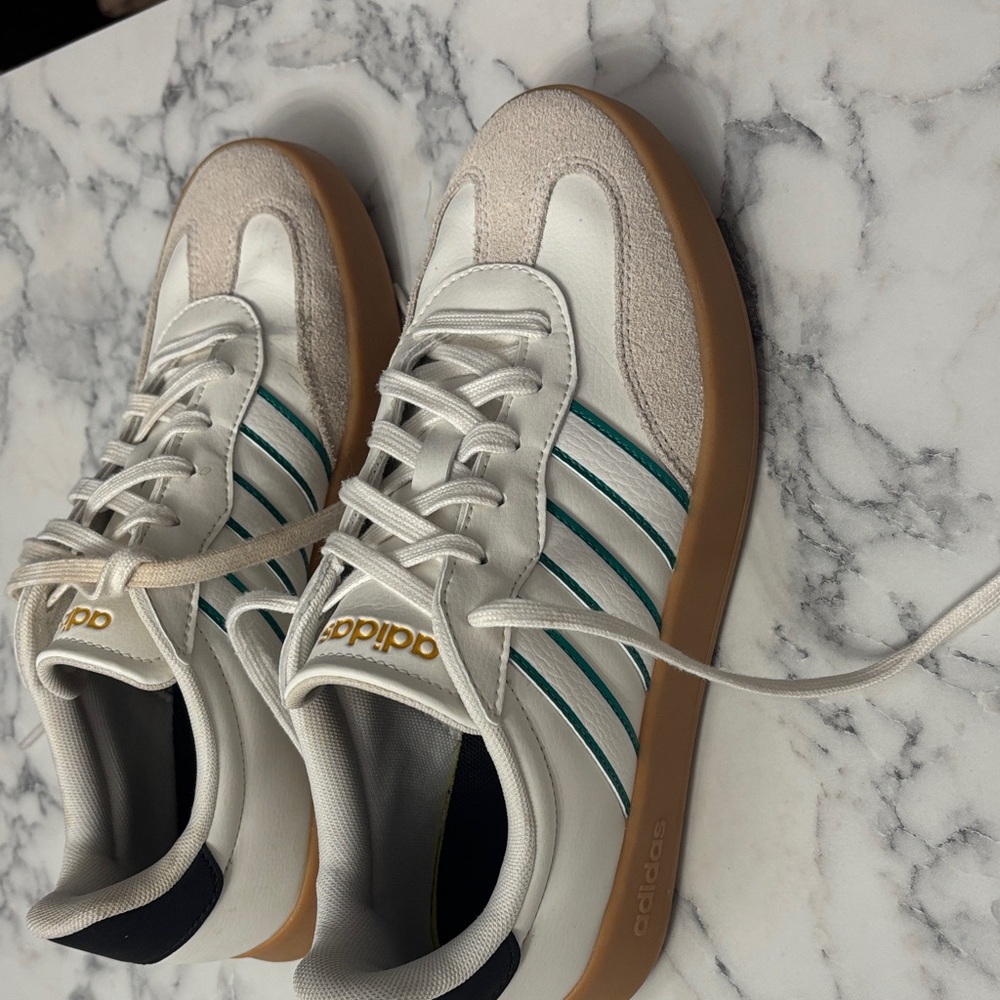 Adidas White and Teal Sneakers with Gum Sole
